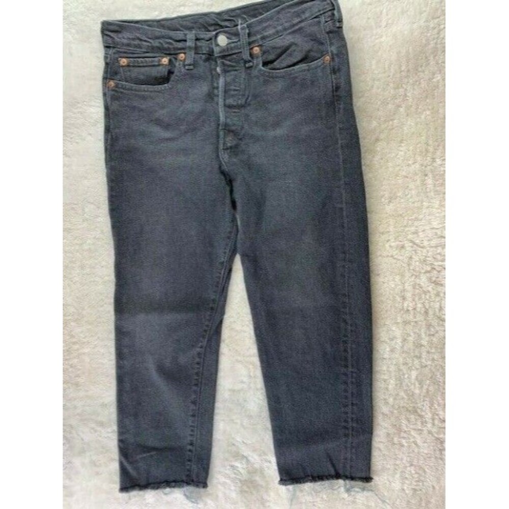 Levi Size 30 Women Jeans Button Fly Stretch Black Skinny Crop High Rise Raw Hem